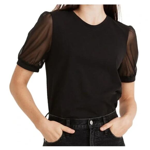 MADEWELL Sheer Sleeve Knit Top in True Black - Size Small - Picture 1 of 10